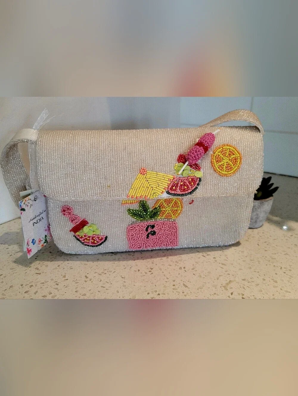 Hand-Beaded White Bag with Colorful Fruit Embroidery